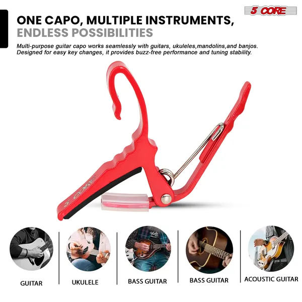 5Core Capo Acoustic Electric Guitar String Clip Banjo Mandolin Or Ukulele + 6Pcs Guitar Picks Celluloid Puas Para Guitarra + Carry Bag - CAPO AL RED