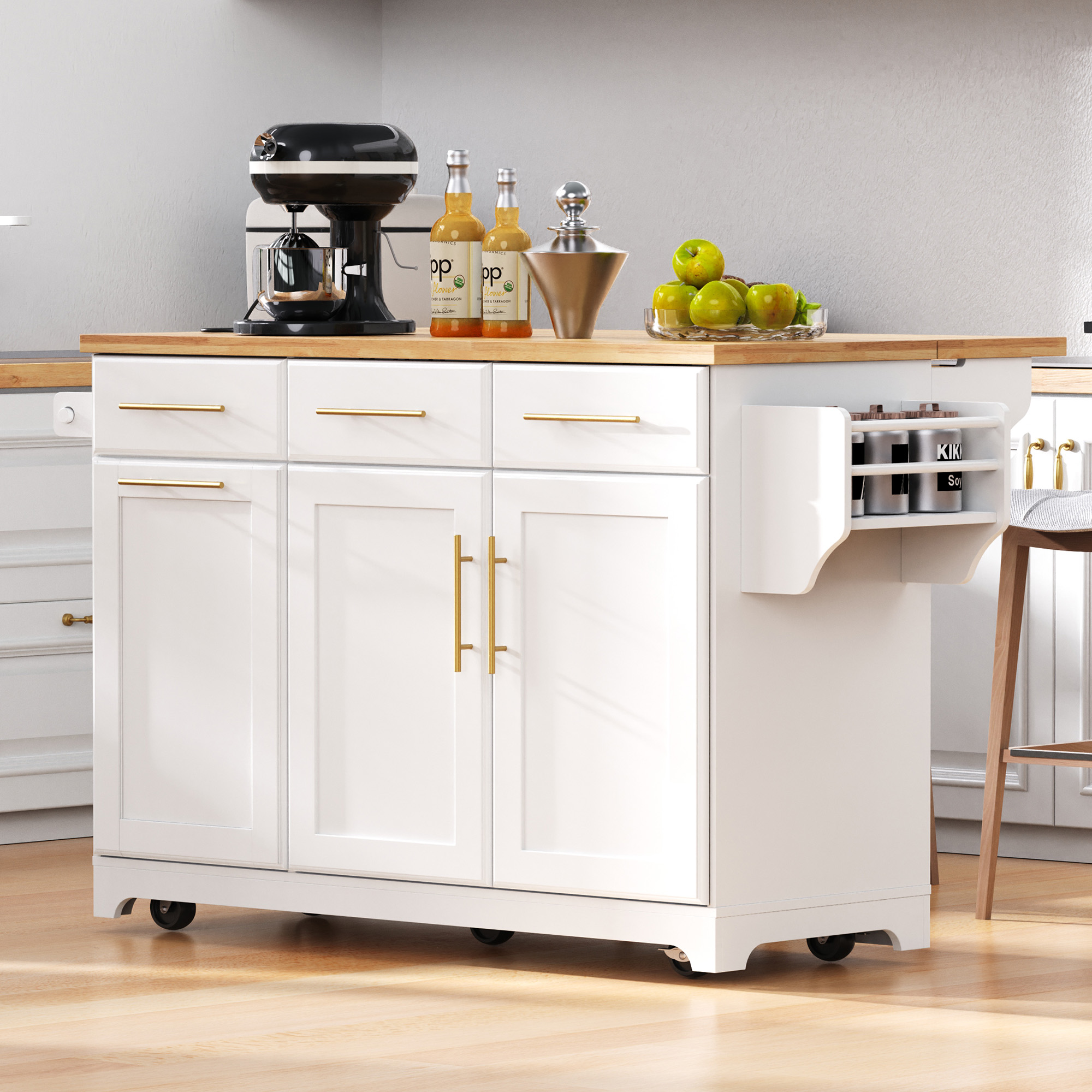 K&K 59.3  Kitchen Island With Storage 2 Pull Out Cabinet Organizers & Rubber Wood Drop Leaf, Rolling Kitchen Island With Trash Can Storage, Power Outlet, Spice & Towel Rack For Kitchen, Dining, White