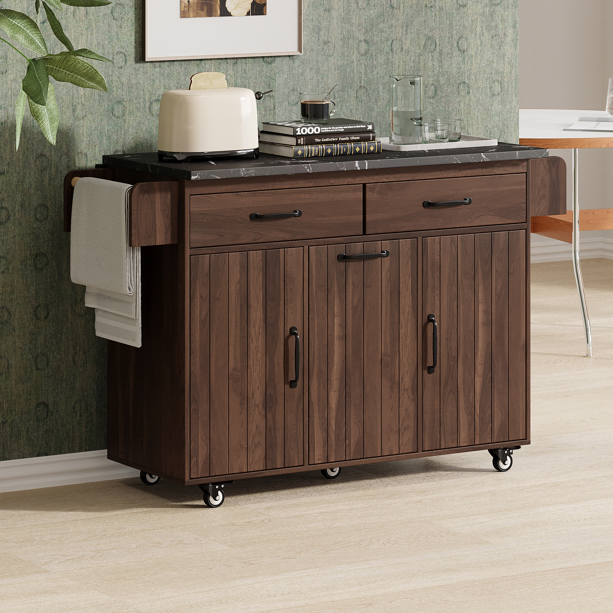 K&K Kitchen Island With Trash Can Storage Cabinet, Kitchen Cart With Drop Leaf, Spice Rack, Towel Rack And Drawer, Rolling Kitchen Island On Wheels With Adjustable Shelf, Walnut Brown