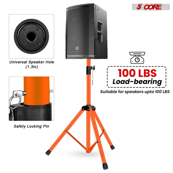 5 Core Speaker Stand Pair Height Adjustable PA DJ Tripod Studio Monitor Stands W 35mm Compatible Insert - SS ECO 2PK ORG WoB