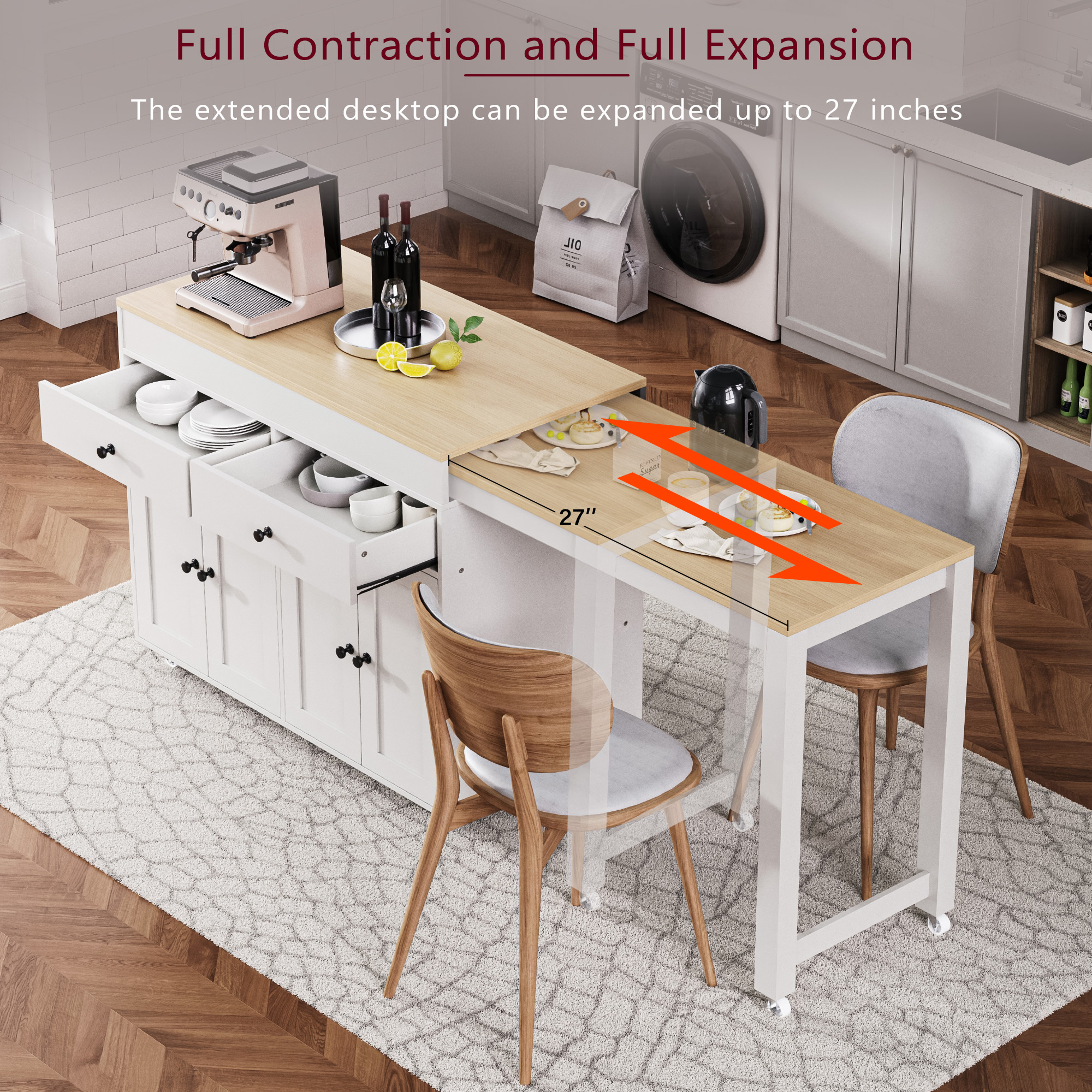 K&K 74.5 Inch Kitchen Island With Extendable Dining Table , Rolling Kitchen Island On Wheels With Spice Rack And 2 Drawers, 4 Door Cabinet, For Kitchen, Dining Room, White  One Package