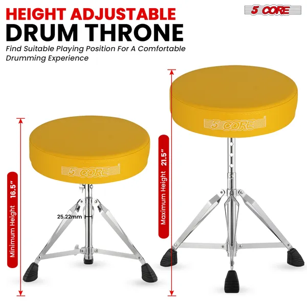 5 CORE Drum Throne Padded Guitar Stool Height Adjustable Music Chair Seat Universal For Adults & Kids With Anti Slip Rubber Feet - DS CH YLW