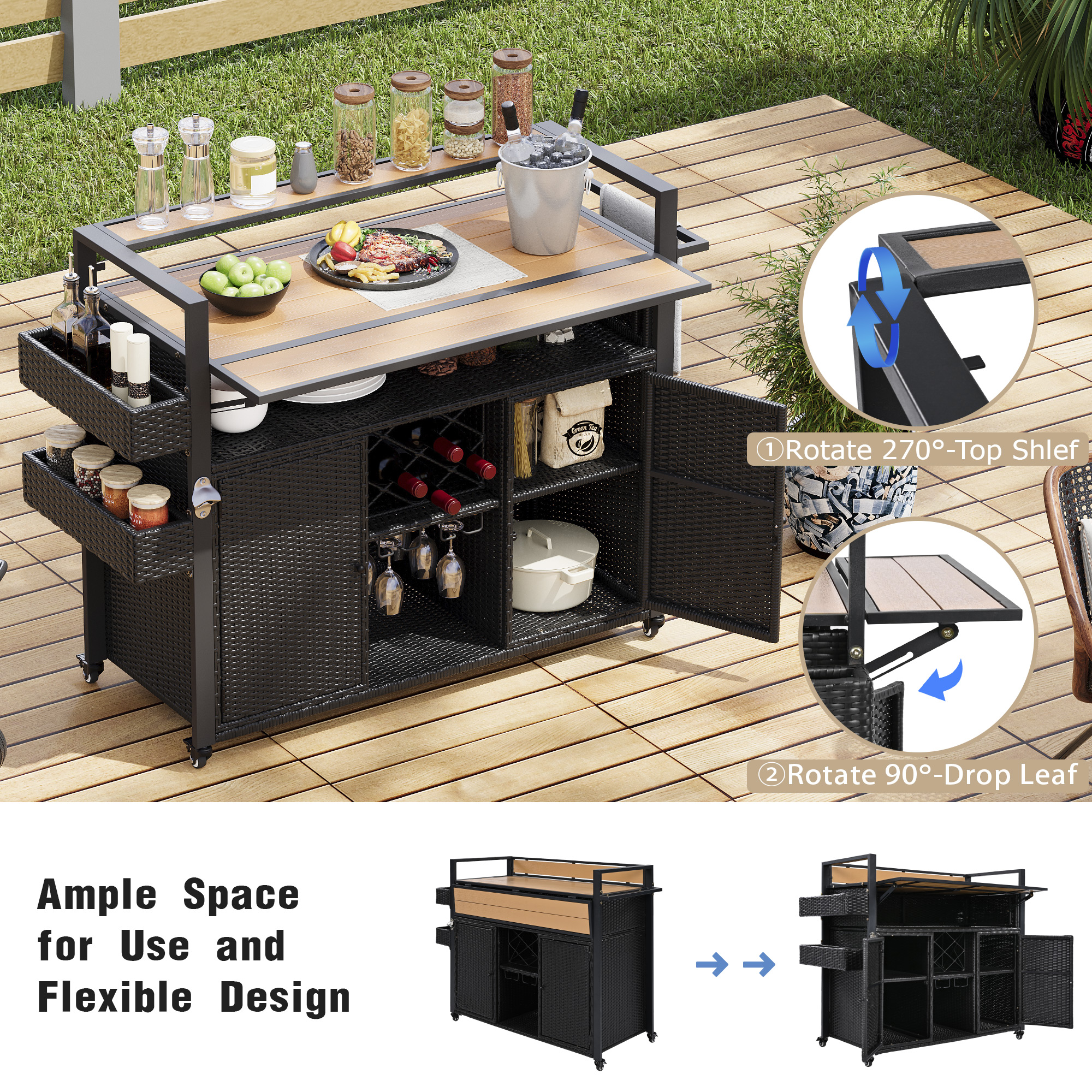 K&K 52.8 W Wicker Outdoor Grill Cart With Extended Plastic Wood Table Top, Rolling Kitchen Island On Wheels With Storage Cabinet, For Patio Backyard Garden Poolside, Double Handle Design, Black Brown