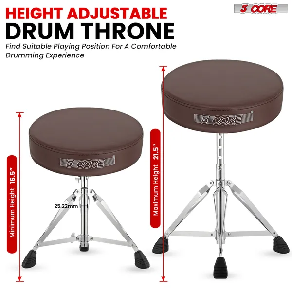 5 CORE Drum Throne Padded Guitar Stool Height Adjustable Music Chair Seat Universal For Adults & Kids With Anti Slip Rubber Feet DS CH BR