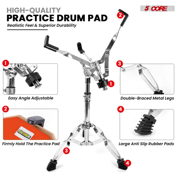 5 Core Drum Practice Pad Set 12" Adjustable Snare Drumming Stand Double Sided Silent Drummer Kit - DPAD COMBO ORG
