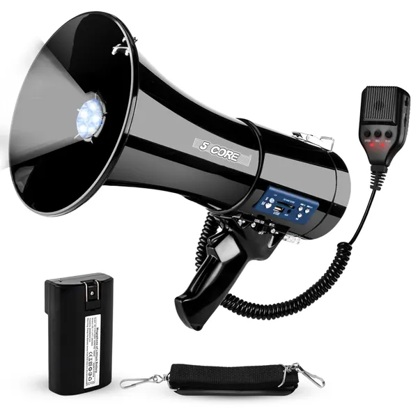 5 Core Megaphone 50W Bluetooth Rechargeable Portable Bullhorn 1100 Yards W Siren
