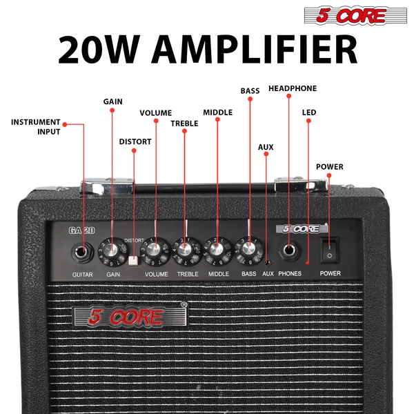 5 Core Guitar Amp 20W Electric Portable Mini Amplifier W Built In 6.5" Speaker Aux Headphone Jack