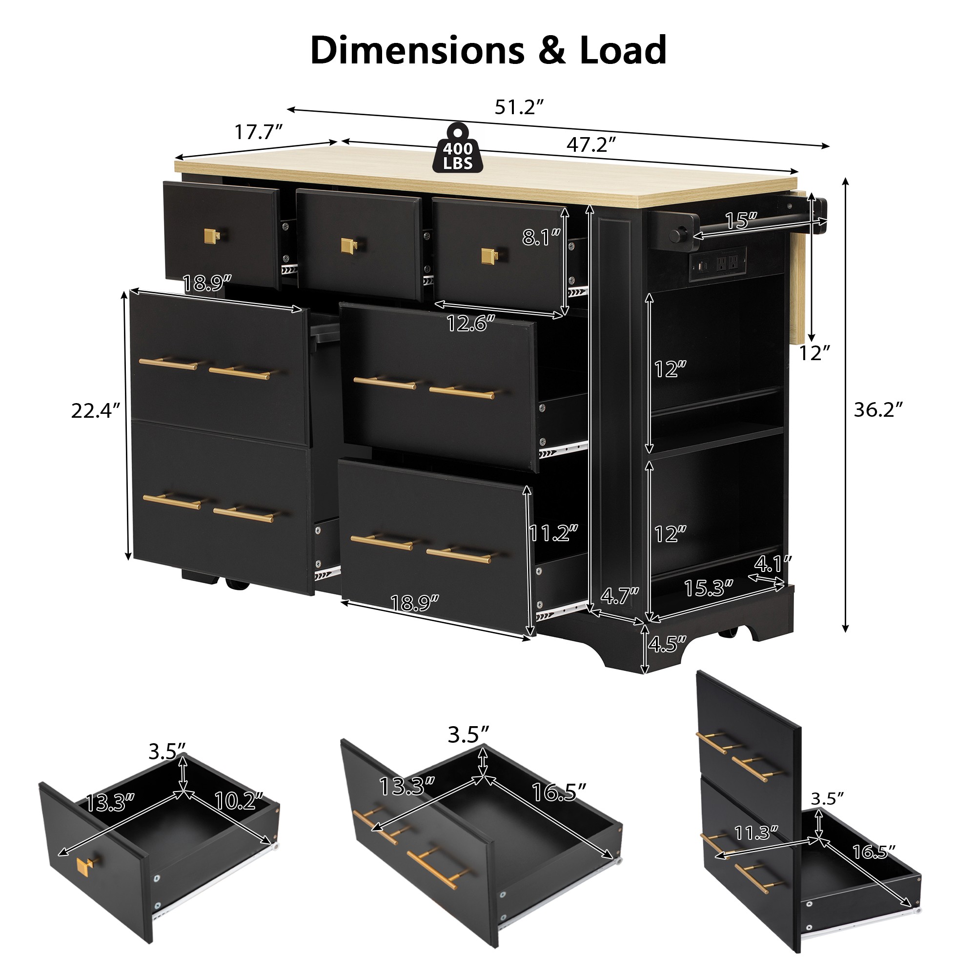 Kitchen Island With Drawers And Waste Bin Rolling Prep Station_voghion.com