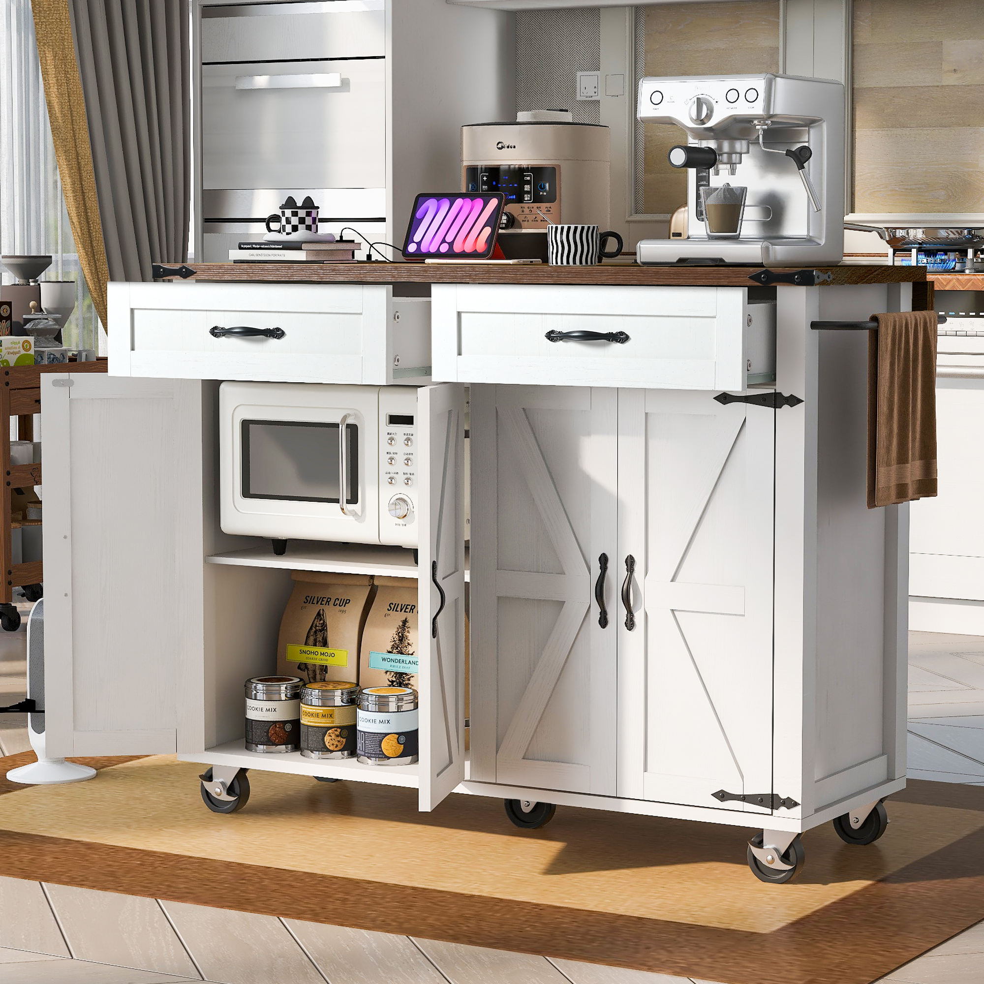 K&K 53.5 Farmhouse Kitchen Island With Power Outlet, Kitchen Storage Island With Drop Leaf, Spice Rack And Drawer, Rolling Kitchen Cart On Wheels, For Home, Kitchen And Dining Room, White