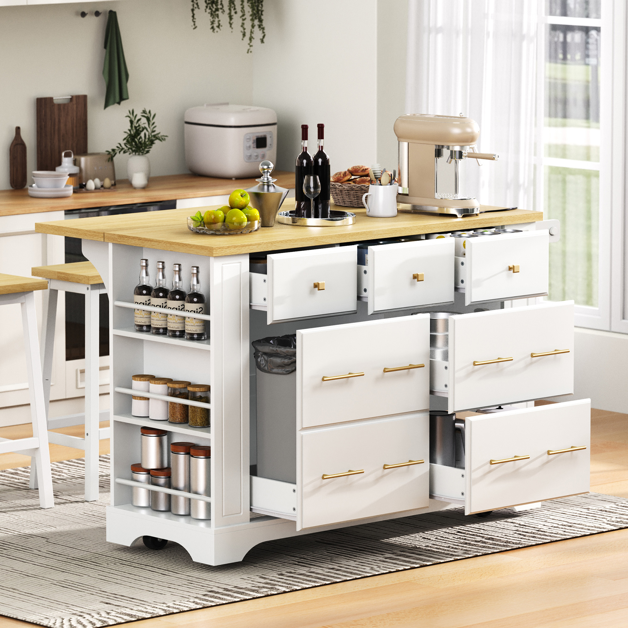 K&K Kitchen Island With 6 Drawers, Pull Out Trash Can Storage, Rolling Kitchen Island On 5 Wheels With Drop Leaf, Power Outlet, 5 Open Side Racks For Kitchen, Dining Room, White_voghion.com