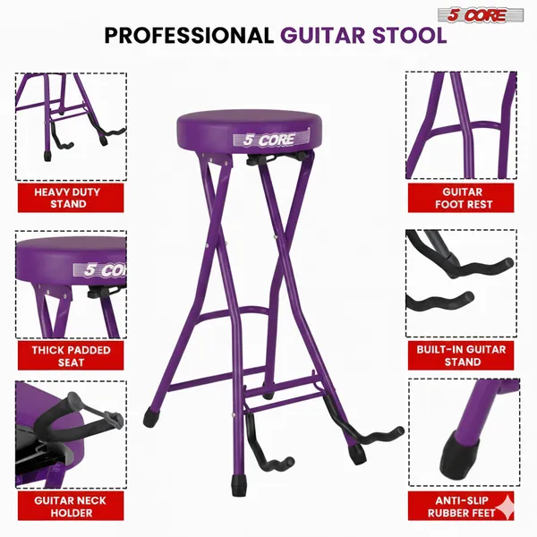 5Core Guitar Stool 3.15" Padded Chair Foldable Heavy Duty Music Seat Built In Foot Rest Guitar Stand