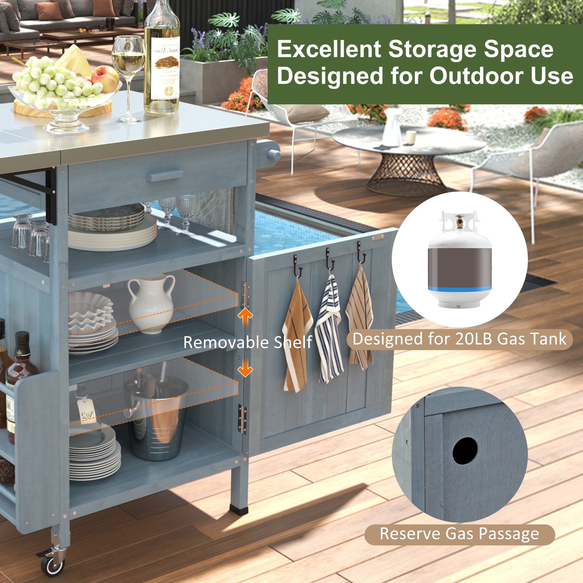 K&K 40.5  Outdoor Grill Cart With Stainless Steel Top, Solid Wood Outdoor Storage Cabinet With Drop Leaf, One Drawer, Towel Rack, Rolling Kitchen Cart With Lockable Wheels For Lawn Garden, Blue Grey