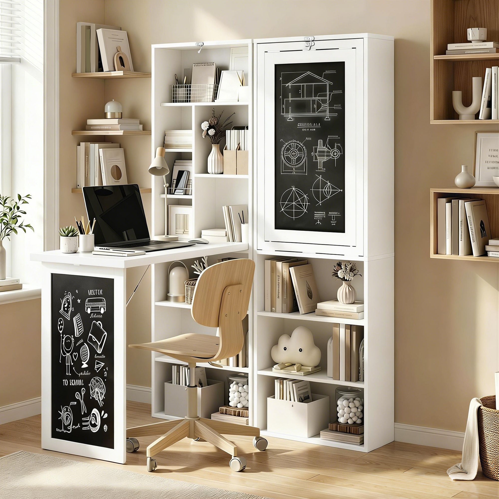 Fold-out Convertible Office Desk, Wall Mount Computer Desk with Blackboard and Side Shelf, White image 9