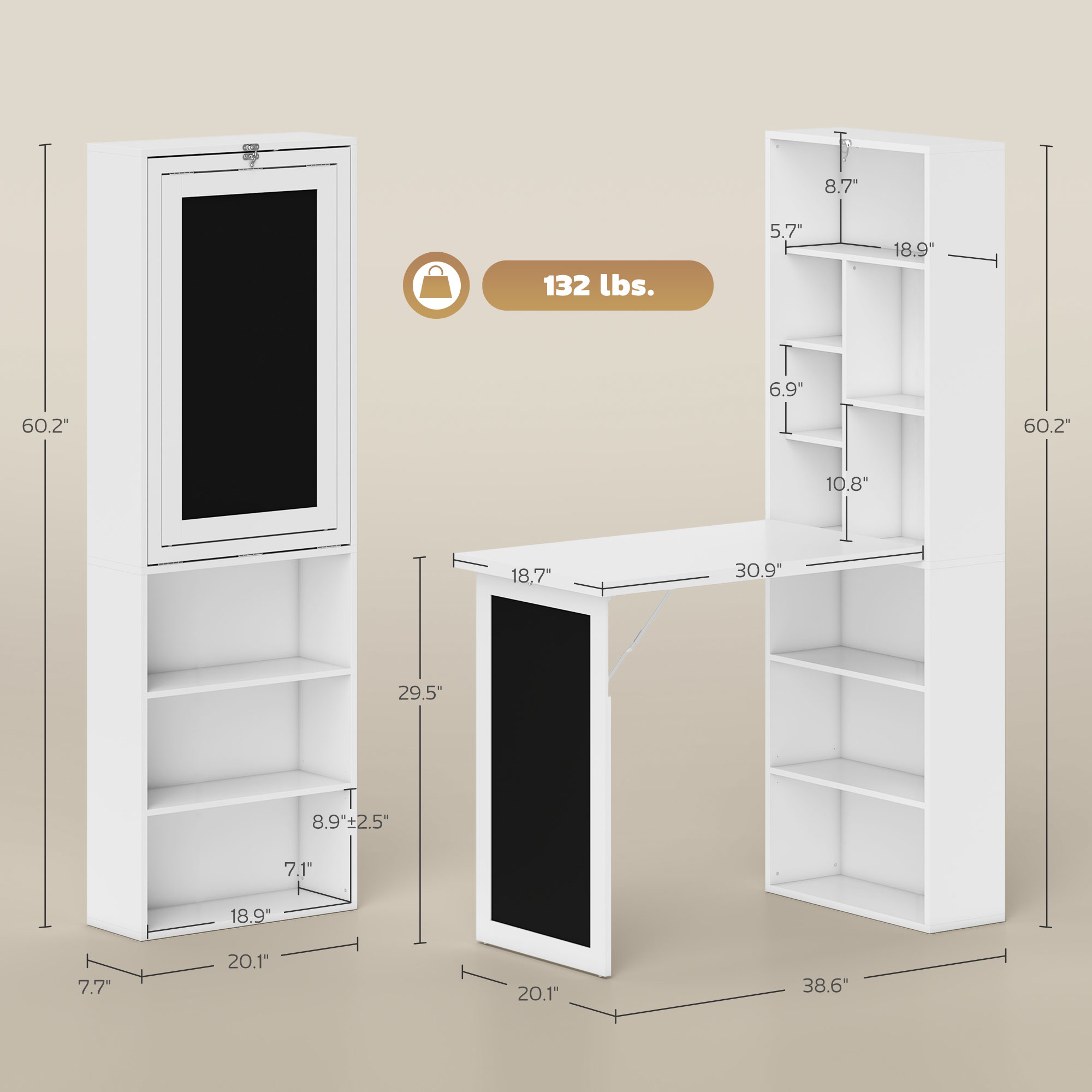 Fold-out Convertible Office Desk, Wall Mount Computer Desk with Blackboard and Side Shelf, White image 10