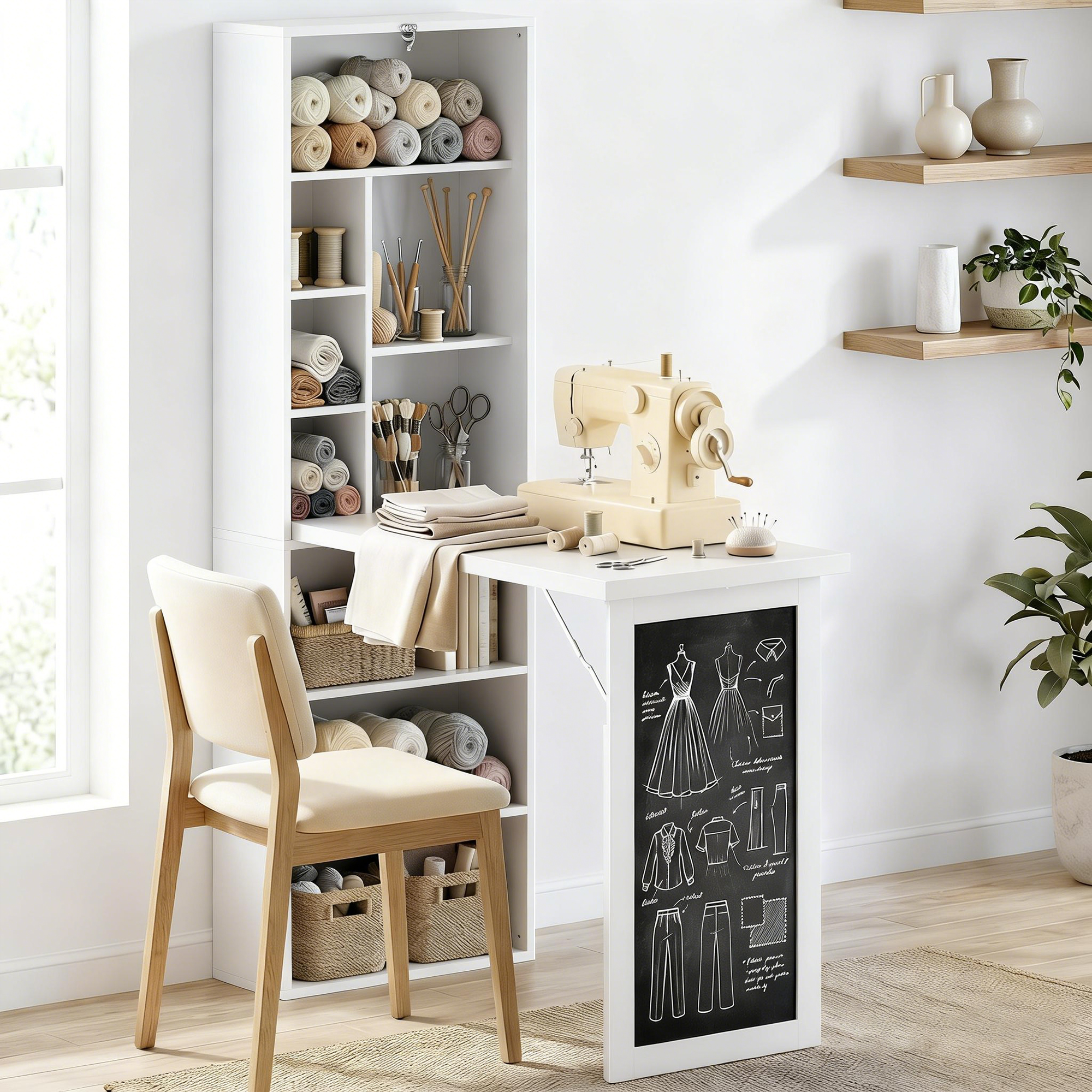 Fold-out Convertible Office Desk, Wall Mount Computer Desk with Blackboard and Side Shelf, White image 15