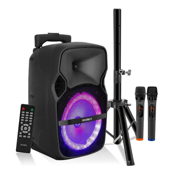 5 Core Party Speaker Bluetooth 250W Big Monster Powered Rechargeable Outdoor PA DJ System W Disco Lights 2 Wireless Karaoke Mics Portable Rolling Speakers W Handle Black - ACTIVE HOME 8 2-MIC