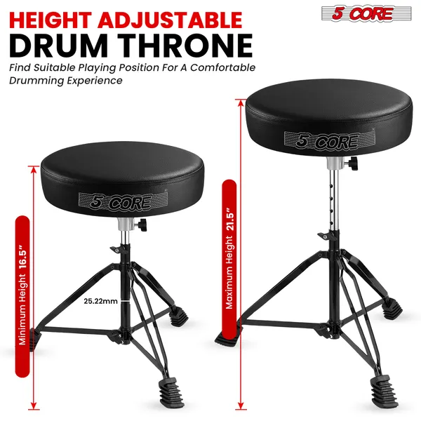 5 Core Drum Throne 3 Inch Thick Padded Comfortable Guitar Stool Double Braced Drummer Chair Height Adjustable Musician Seat For Adults And Kids Black - DS BLKCH BLK