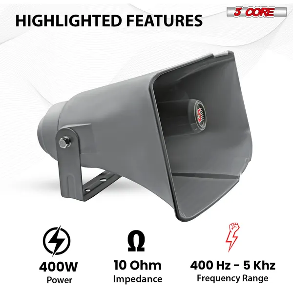 5 Core PA Horn 400W Loud Speaker 16 Inch Bull Horn Loud Audio 10Ohm All Weather Indoor Outdoor Use