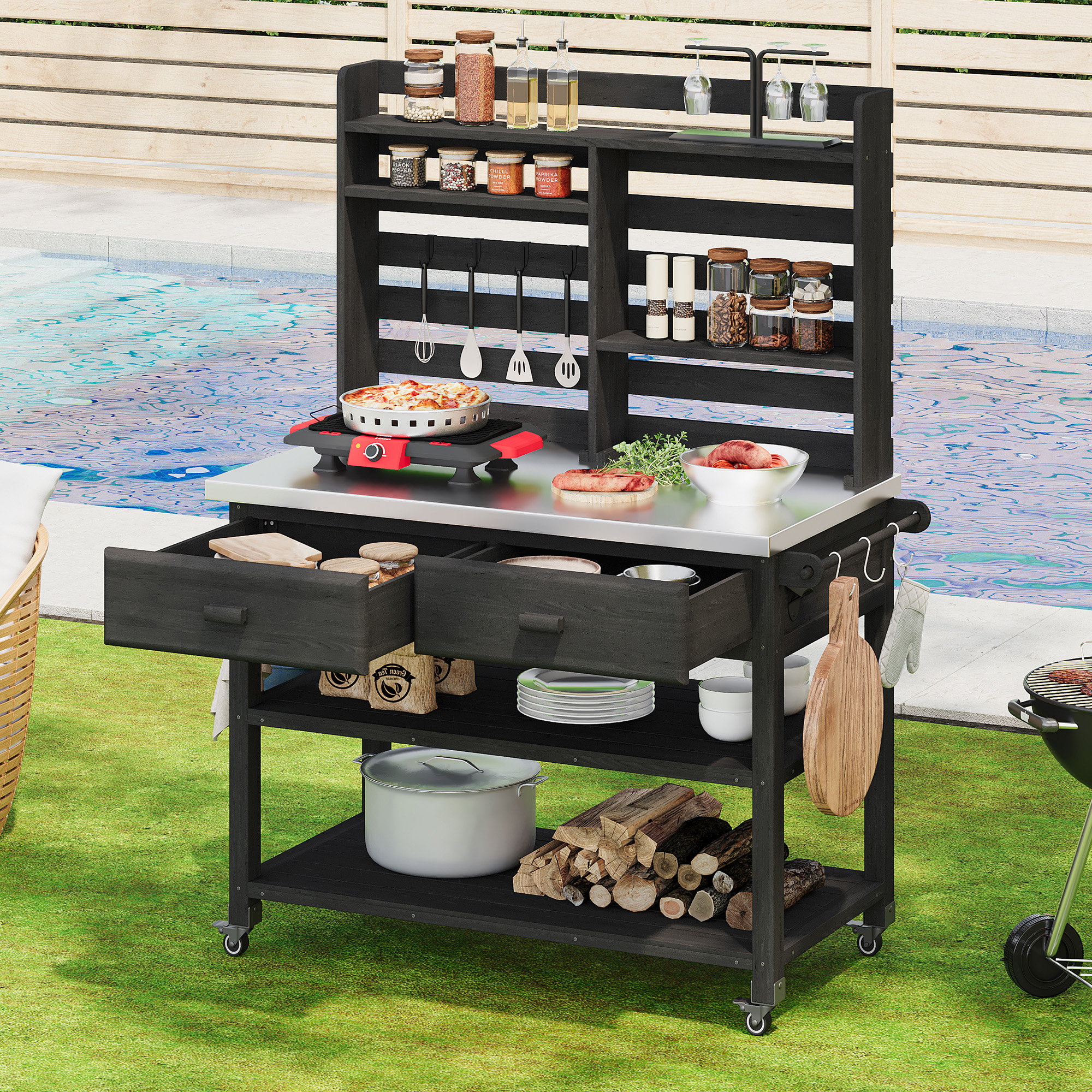 K&K 64.9 H Outdoor Potting Bench Table With Lockable Wheels, Solid Wood Outdoor Kitchen Island With Upper Hutch, Stainless Steel Top, Towel Rack ,Outdoor Storage For Grilling, Lawn Garden  Black
