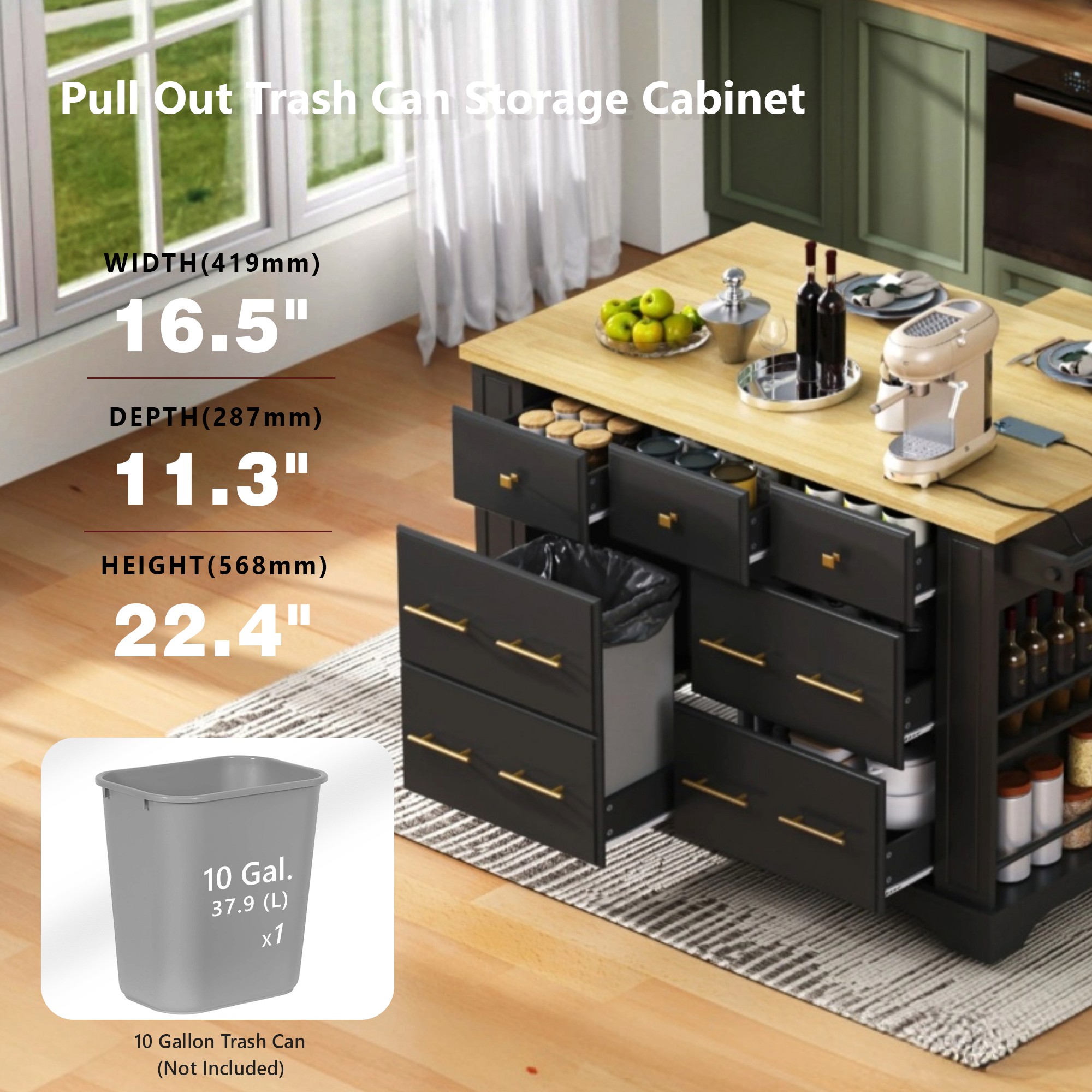 K&K Kitchen Island With 6 Drawers, Pull Out Trash Can Storage, Rolling Kitchen Island On 5 Wheels With Drop Leaf, Power Outlet, 5 Open Side Racks For Kitchen, Dining Room, Black_voghion.com