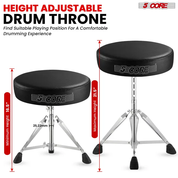 5 CORE Drum Throne Padded Guitar Stool Height Adjustable Music Chair Seat Universal For Adults & Kids With Anti Slip Rubber Feet DS CH BLK