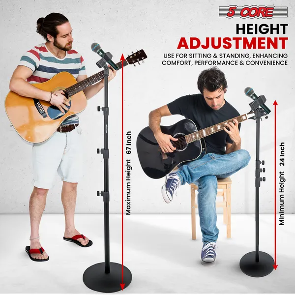 5 Core Microphone Stand 3 Level Height Adjustable 24-67" W Heavy Duty Round Base Floor Mic Stands