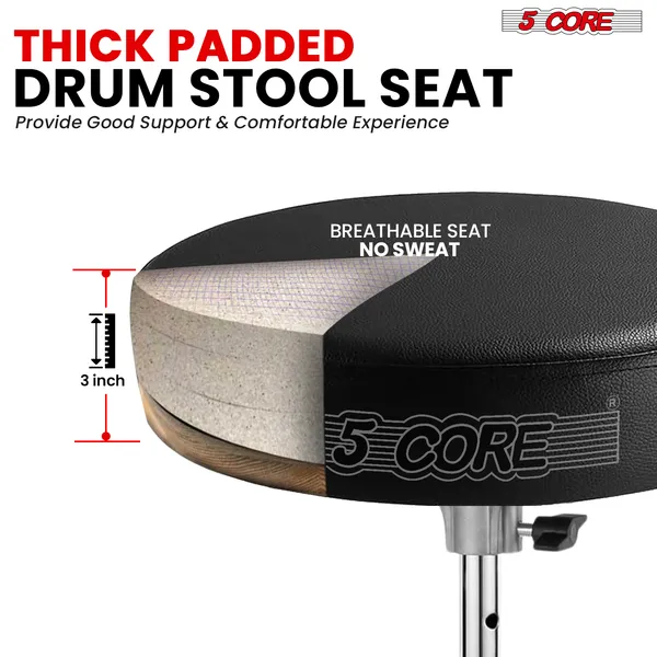 5 Core Drum Throne 3 Inch Thick Padded Comfortable Guitar Stool Double Braced Drummer Chair Height Adjustable Musician Seat For Adults And Kids Black - DS BLKCH BLK