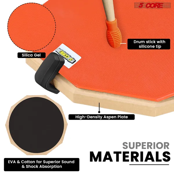 5 Core Drum Practice Pad Set 12" Adjustable Snare Drumming Stand Double Sided Silent Drummer Kit - DPAD COMBO ORG