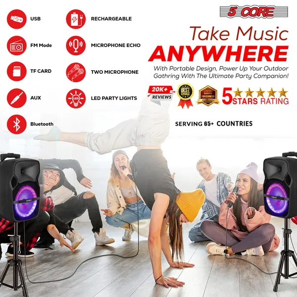 5 Core Party Speaker W Microphone 2Pc 400W Rechargeable Bluetooth Loud PA DJ Karaoke System W Stand