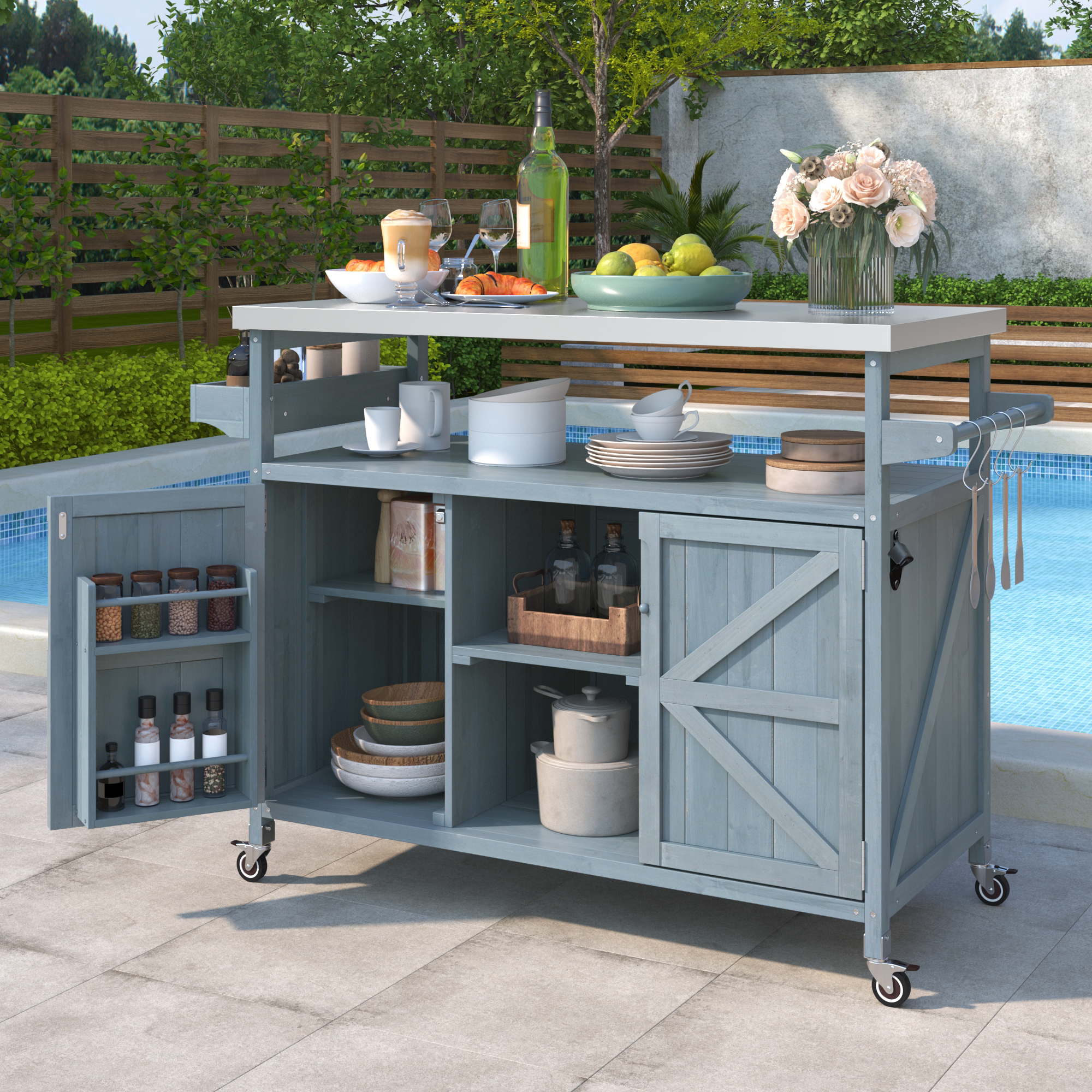 K&K Outdoor Kitchen Island, Rolling Bar Cart & Storage Cabinet, Farmhouse Solid Wood Outdoor Grill Table With Stainless Steel Top, Spice Rack , Towel Rack For Kitchen & BBQ , Grey Blue