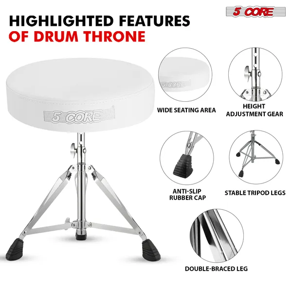 5 CORE Drum Throne Padded Guitar Stool Height Adjustable Music Chair Seat Universal For Adults & Kids With Anti Slip Rubber Feet - DS CH WH