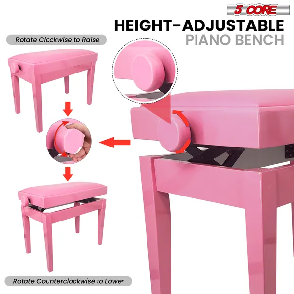 5 Core Adjustable Piano Bench Thick 3.25" Solid Wood Keyboard Stool Heavy Duty Musician Chair