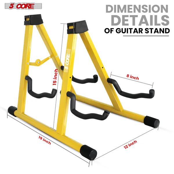 5 CORE Double Guitar Stand Floor Adjustable Heavy Duty A Frame Universal Folding Acoustic Electric Bass Mandolin Banjo Violin Holder Multiple Folding Stands For On Stage Studio Easy Assembly Yellow