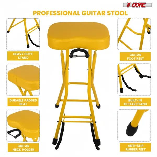 5Core Guitar Stool 3.15" Padded Chair Foldable Heavy Duty Music Seat Built In Foot Rest Guitar Stand