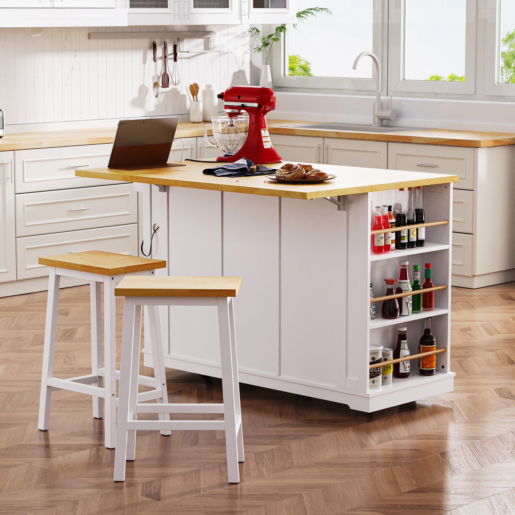 K&K 53inch Large Kitchen Island With 2 Bar Stools, Power Outlet,Door Internal Storage Rack, Kitchen Storage Cart On 5 Wheels With Drop Leaf, 5 Open Side Racks, 3 Drawers,White Three Packages