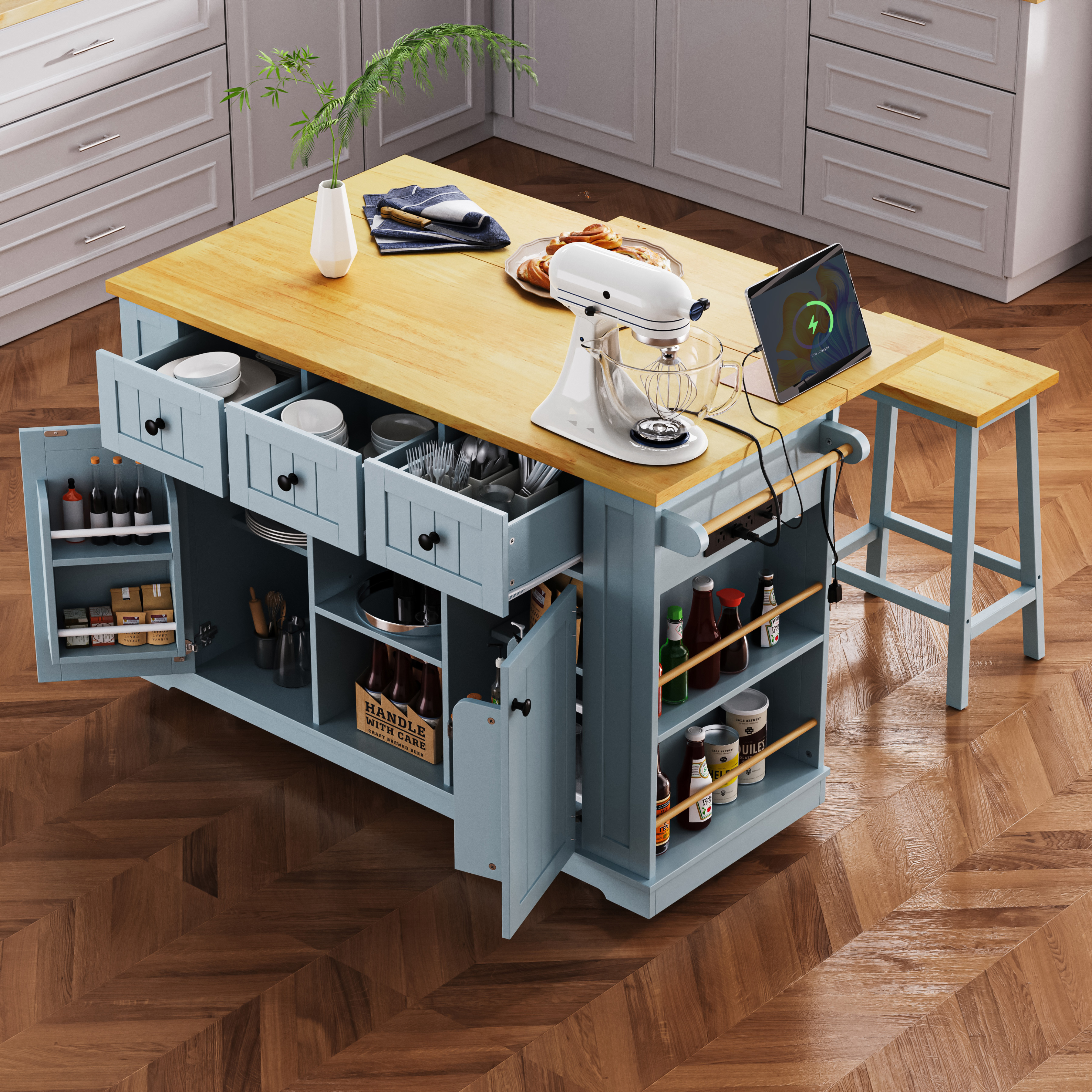 K&K 53inch Large Kitchen Island With Drop Leaf,Power Outlet,Door Internal Storage Rack,Rolling Kitchen Cart On 5 Wheels With 5 Open Side Racks For Kitchen,Grey Blue Two Packages  Stools Not Included