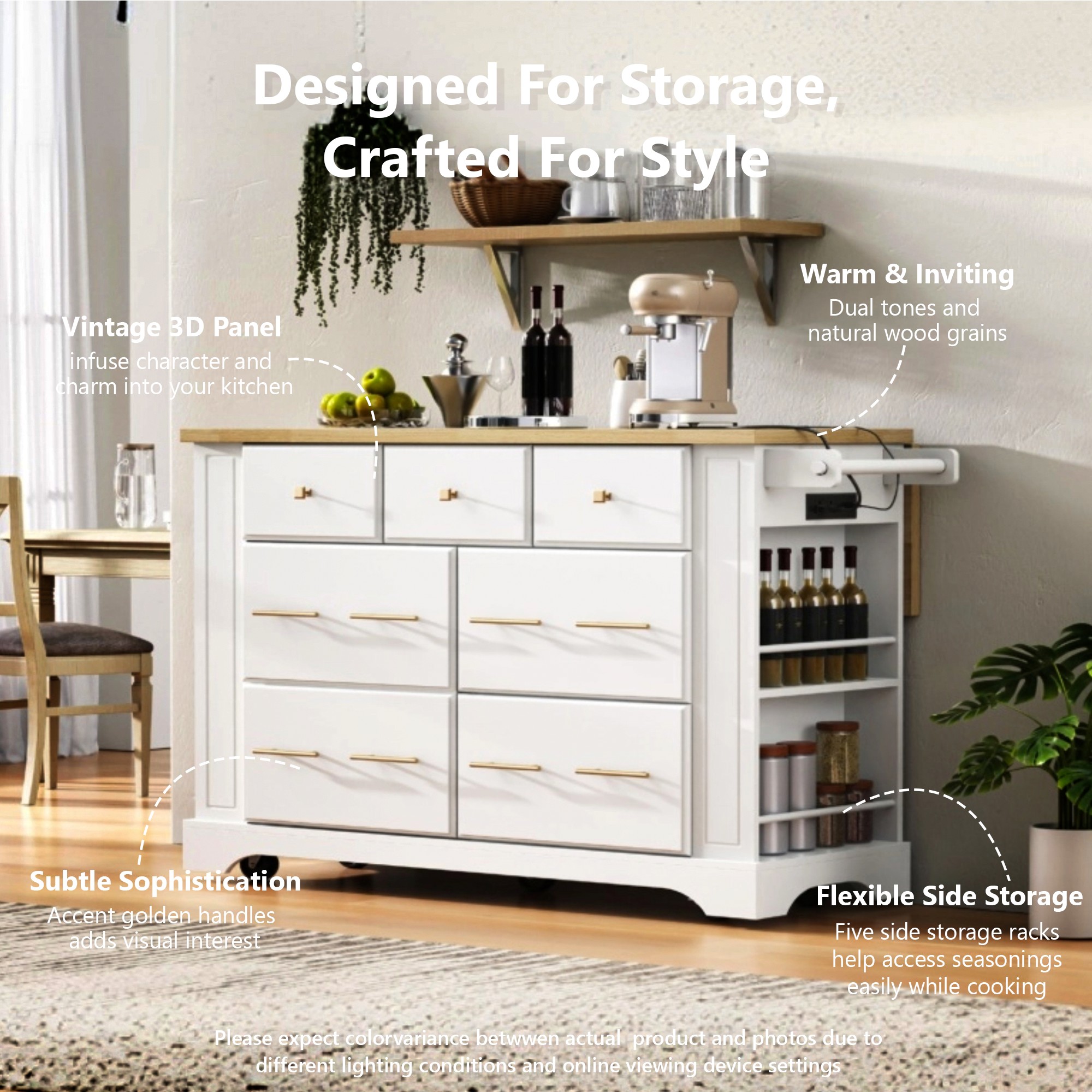 K&K Kitchen Island With 6 Drawers, Pull Out Trash Can Storage, Rolling Kitchen Island On 5 Wheels With Drop Leaf, Power Outlet, 5 Open Side Racks For Kitchen, Dining Room, White_voghion.com