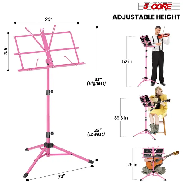 5 Core Music Stand Adjustable Desktop Book Stands Portable Sheet Holder All Metal Foldable Bookstand - MUS FLD PNK