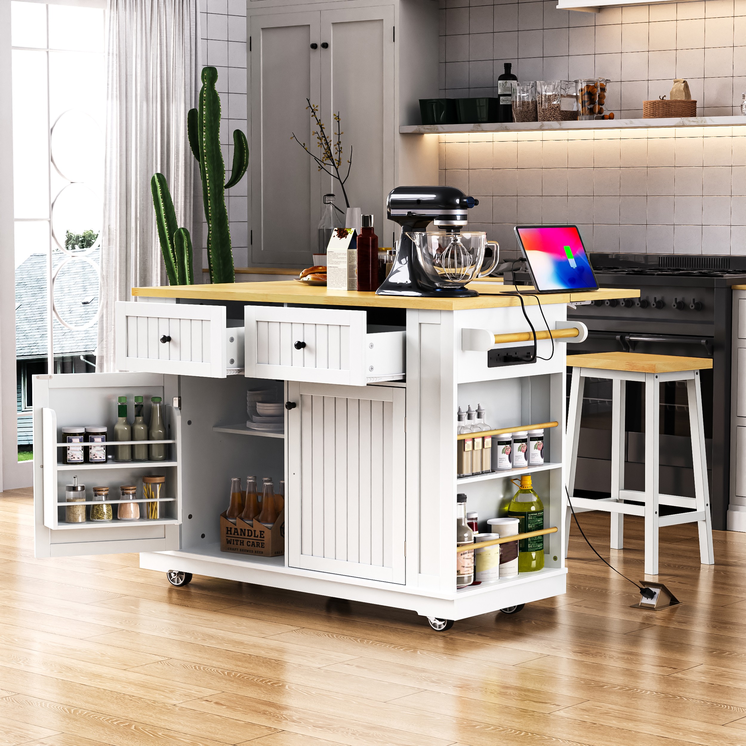 48 Inch Kitchen Island With Drop Leaf,Power Outlet,Internal Storage Rack,Rolling Kitchen Storage Cart On 5 Wheels With 5 Open Side Racks For Kitchen,White  Old SKU N707P257057W  Not Include Stools