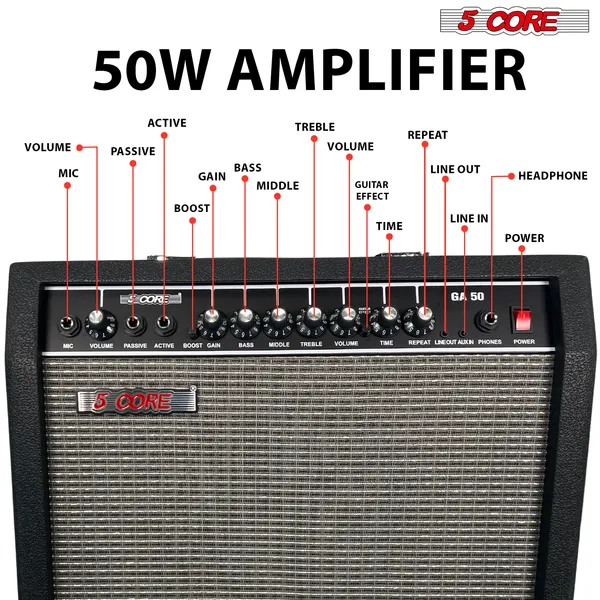 5 Core Guitar Amp 50 Watt Electric Amplifier W Built In 8" Speaker Portable Mini Amps W Aux