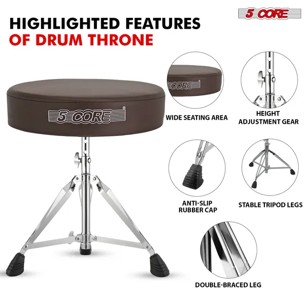 5 CORE Drum Throne Padded Guitar Stool Height Adjustable Music Chair Seat Universal For Adults & Kids With Anti Slip Rubber Feet DS CH BR