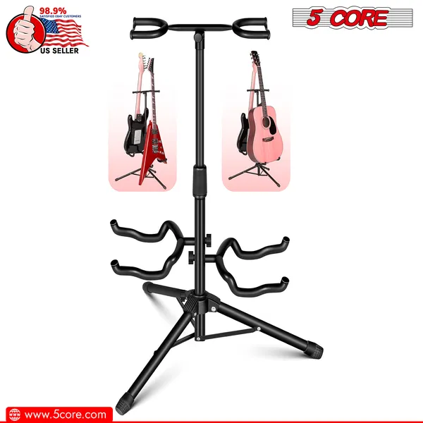 5 Core Guitar Stand Adjustable Double Guitars Stands Floor W Neck Holder Universal Supports For Acoustic Electric Classic Bass Instrument Folding Portable Black - GSH 2N1