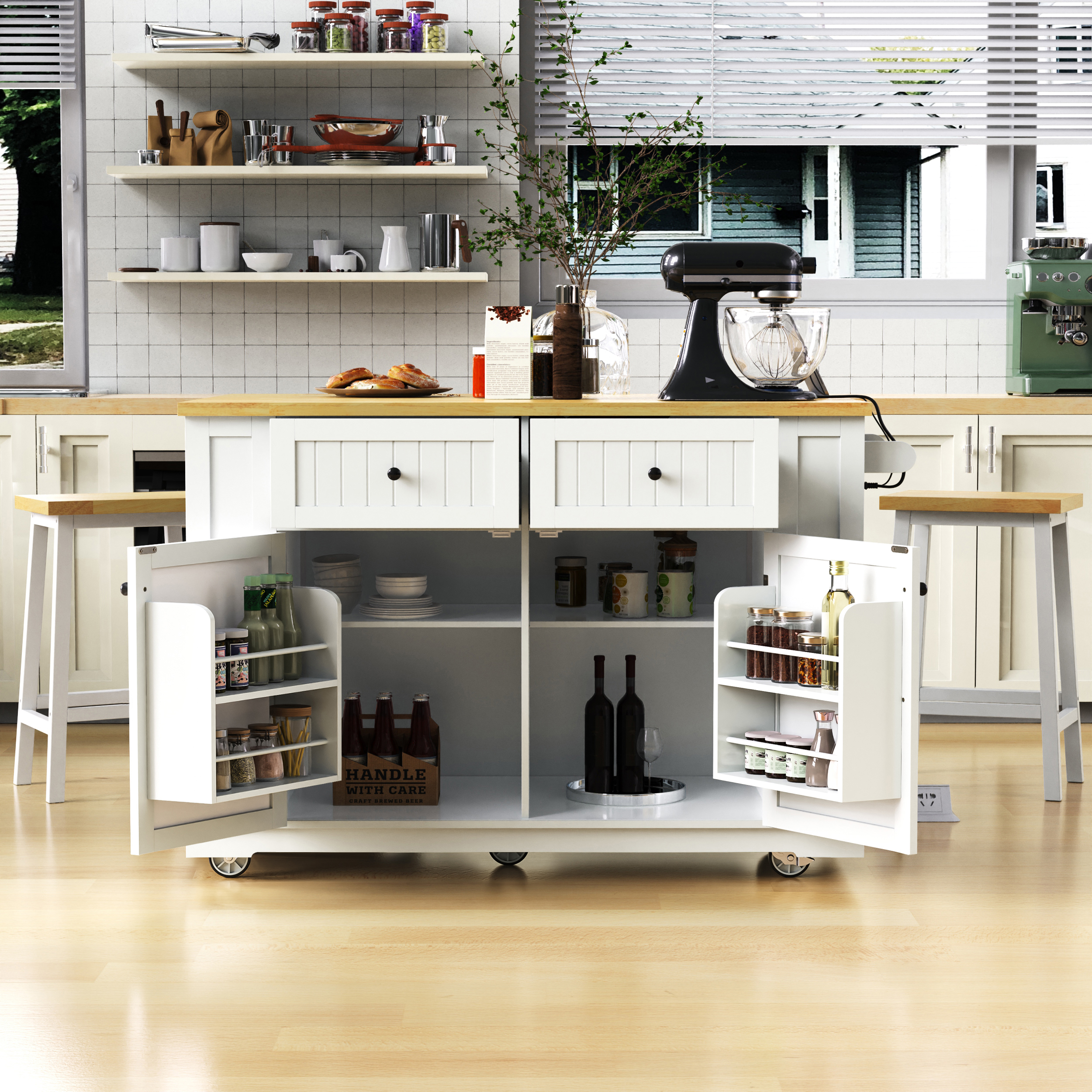 48inch Kitchen Island With 2 Bar Stools, Power Outlet, Door Internal Storage Rack, Kitchen Storage Cart On 5 Wheels With Drop Leaf, 5 Side Racks, 2 Drawers,White  Old SKU N707S000015W  Three Packages