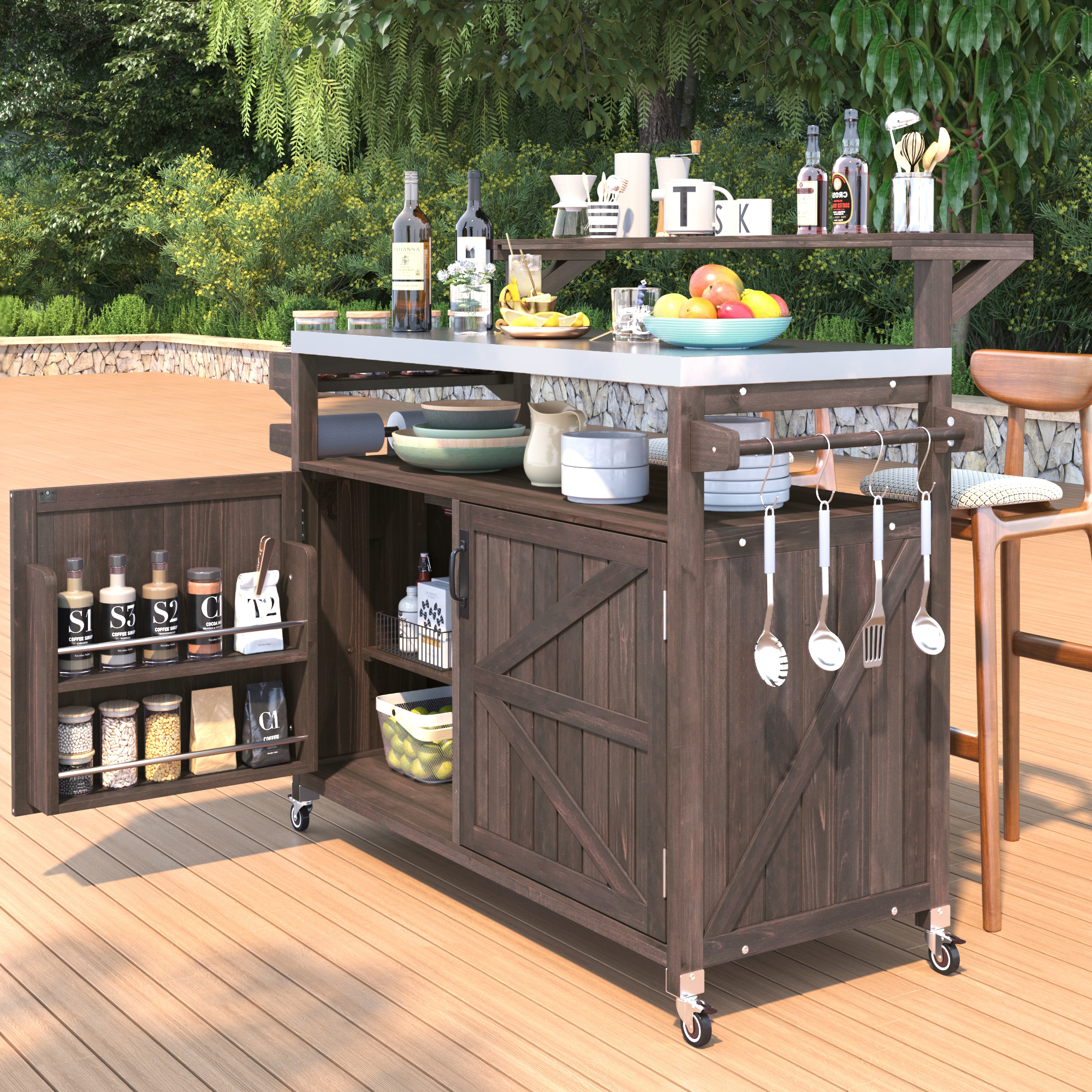 K&K 53.3  Outdoor Kitchen Island With Raised Shelf, Solid Wood Storage Cabinet With Stainless Steel Top, Outdoor Rolling Grill Cart With Internal Storage Rack, Adjustable Shelf, Spice Rack, Brown