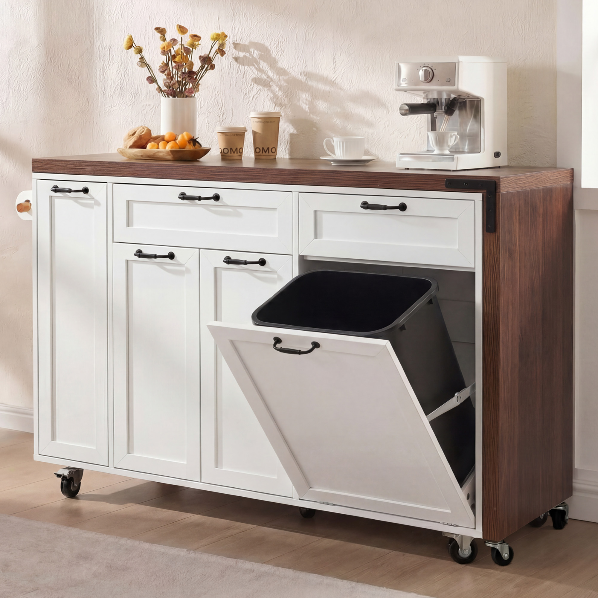 K&K 102.3  Kitchen Island With Extendable Dining Table, Kitchen Rolling Island Cart With Trash Storage Cabinet, 3 Tier Pull Out Spice Rack, Mobile Island Table On Wheels For Kitchen, Dining Room,White