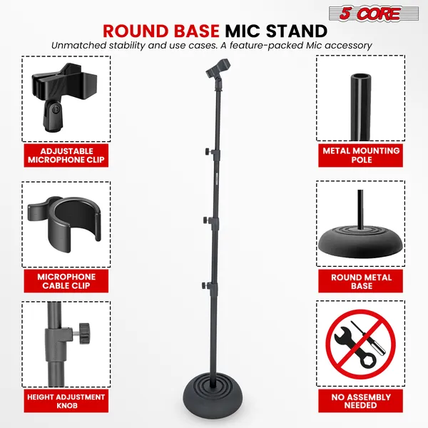 5Core Mic Stand Floor Adjustable Universal Heavy Duty Microphone Stands Round Base Soporte De Micrófono - MS RBP 3T