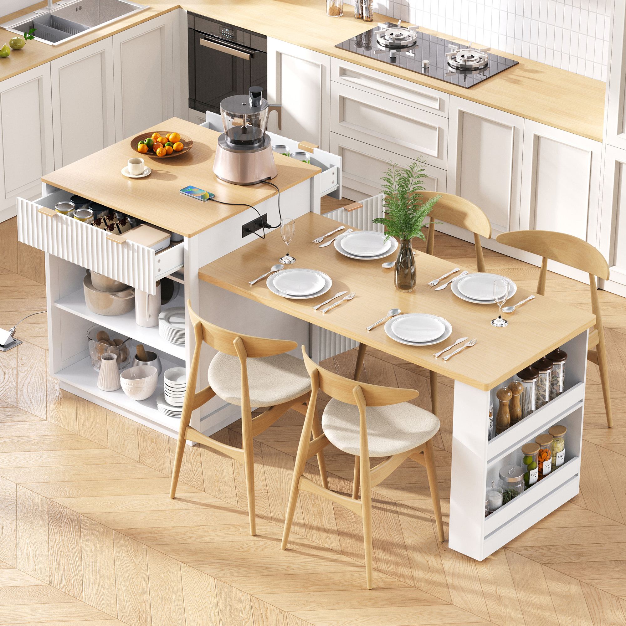 K&K 82.6  Fluted Kitchen Island With Extendable Dining Table For 4 6, Island Table For Kitchen With Power Outlet, Kitchen Table With Double Side Storage, 2 Drawers 2 Side Open Shelves, White
