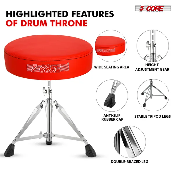 5 CORE Drum Throne Padded Guitar Stool Height Adjustable Music Chair Seat Universal For Adults & Kids With Anti Slip Rubber Feet - DS CH RED