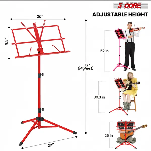 5 Core Music Stand Adjustable Desktop Book Stands Portable Sheet Holder All Metal Foldable Bookstand - MUS FLD RED