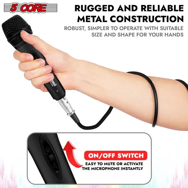 5 CORE Microphone Dynamic Vocal Handheld Mic Cardioid Unidirectional Microfono W On Off Switch + XLR Audio Cable For Singing Karaoke Public Speaking & Parties - PM-286